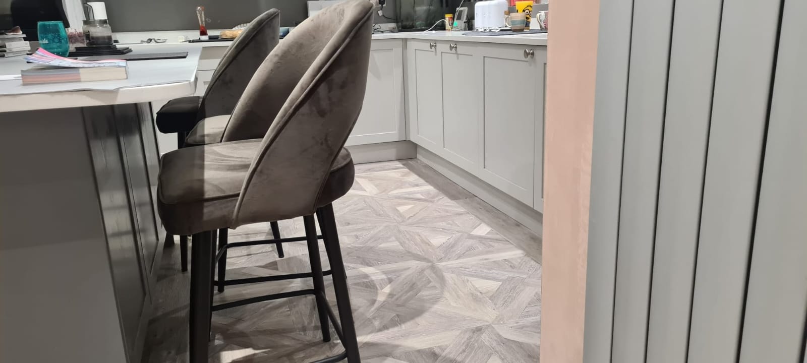 Herringbone wood floor with speaker detail
